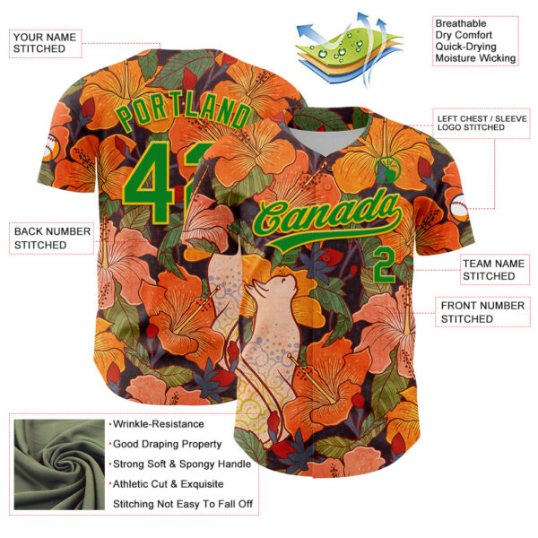 Custom Orange Grass Green-Gold 3D Syntetyc Cat And Hibiscus Authentic Baseball Jersey