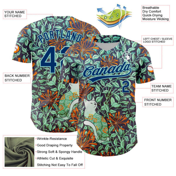 Custom Green US Navy Blue-Ice Blue 3D Syntetyc Cat And Honeysuckle Authentic Baseball Jersey