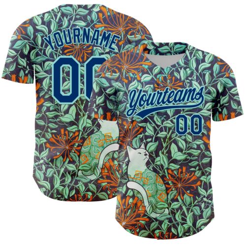 Custom Green US Navy Blue-Ice Blue 3D Syntetyc Cat And Honeysuckle Authentic Baseball Jersey