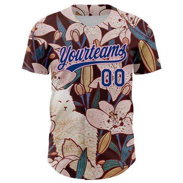Custom Brown US Navy Blue-Light Pink 3D Syntetyc Cat And Lilies Authentic Baseball Jersey