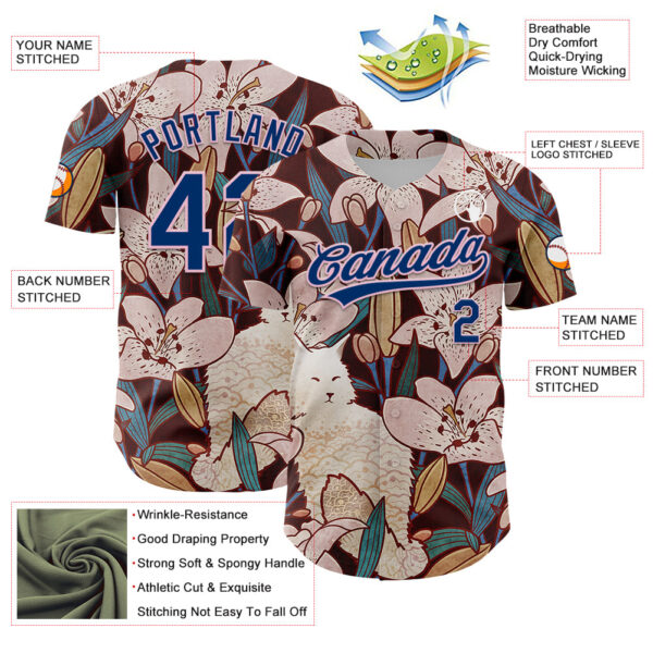 Custom Brown US Navy Blue-Light Pink 3D Syntetyc Cat And Lilies Authentic Baseball Jersey