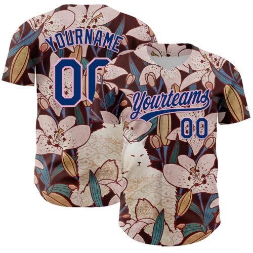 3DPattern6335 Custom Brown US Navy Blue-Light Pink 3D Syntetyc Cat And Lilies Authentic Baseball Jersey