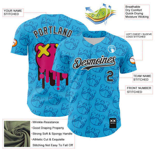 Custom Sky Blue Black-White 3D Revzzz Drip Bear Authentic Baseball Jersey