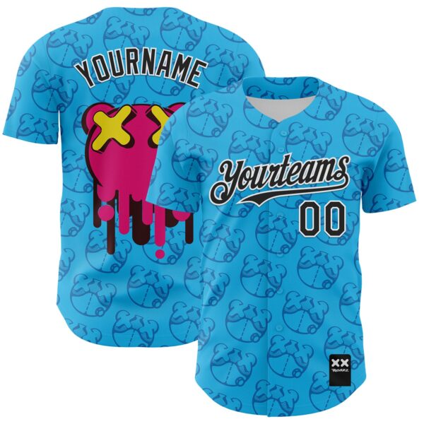 Custom Sky Blue Black-White 3D Revzzz Drip Bear Authentic Baseball Jersey