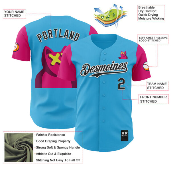 Custom Sky Blue Black-Hot Pink 3D Revzzz Katzen Authentic Baseball Jersey