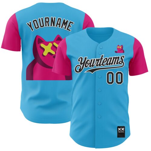 Custom Sky Blue Black-Hot Pink 3D Revzzz Katzen Authentic Baseball Jersey
