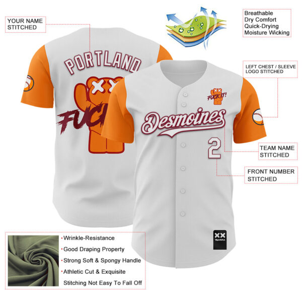 Custom White Bay Orange-Crimson 3D Revzzz Fuckit Authentic Baseball Jersey