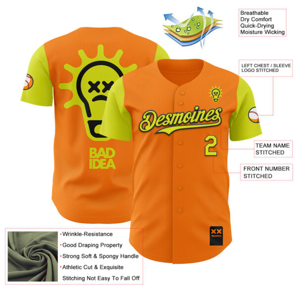 Custom Bay Orange Neon Yellow-Black 3D Revzzz Bad Idea Authentic Baseball Jersey