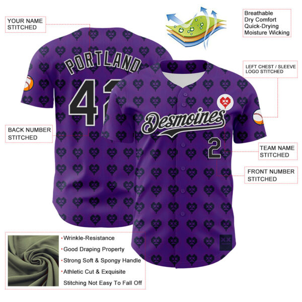 Custom Purple Black-White 3D Revzzz Purple Love Authentic Baseball Jersey