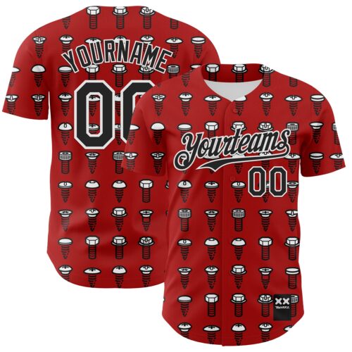 Custom Red Black-White 3D Revzzz Screw-D Authentic Baseball Jersey