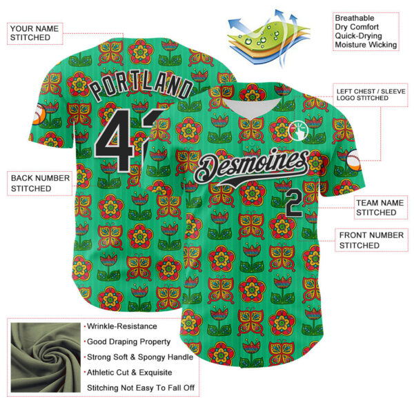 Custom Green Black-White 3D Emi Bee Butterfly Flower Authentic Baseball Jersey
