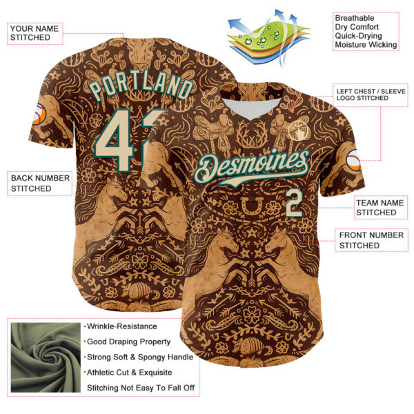 Custom Brown City Cream-Midnight Green 3D Emi Bee Cowpoke Damask Authentic Baseball Jersey