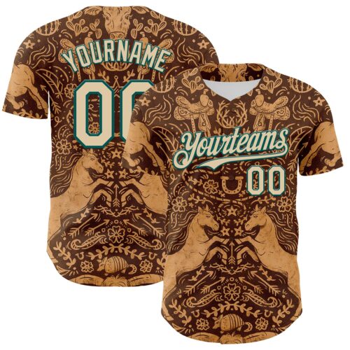 3DPattern6381 Custom Brown City Cream-Midnight Green 3D Emi Bee Cowpoke Damask Authentic Baseball Jersey