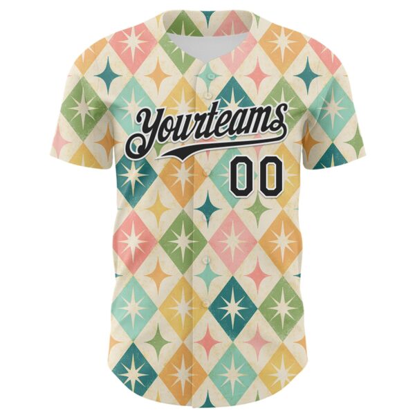 Custom Cream Black-White 3D Emi Bee Harlequin Starbursts Authentic Baseball Jersey