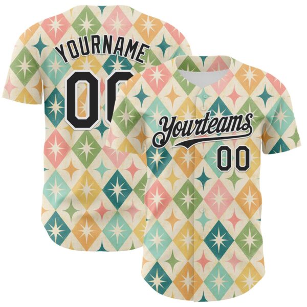 Custom Cream Black-White 3D Emi Bee Harlequin Starbursts Authentic Baseball Jersey