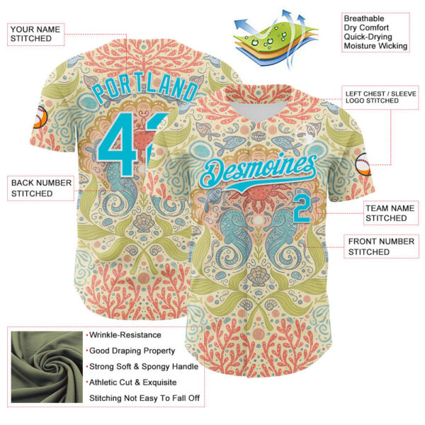 Custom Cream Lakes Blue-White 3D Emi Bee Seahorse Symphony Authentic Baseball Jersey