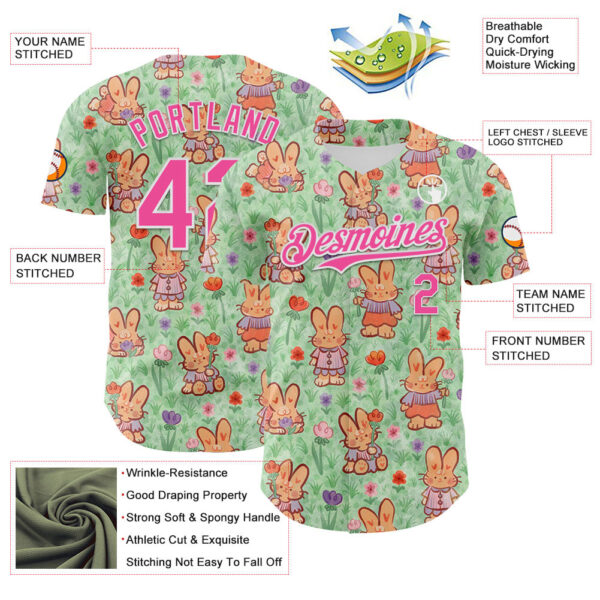 Custom Green Pink-White 3D Emi Bee Spring Bunnies Authentic Baseball Jersey