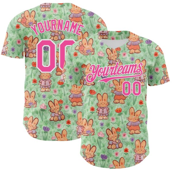 Custom Green Pink-White 3D Emi Bee Spring Bunnies Authentic Baseball Jersey