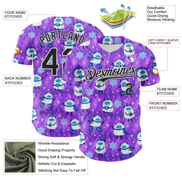 Custom Purple Black-White 3D Emi Bee Yetis In Snow Authentic Baseball Jersey