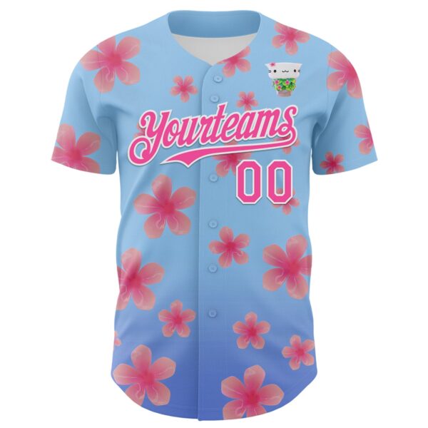Custom Light Blue Pink-White 3D Cindy Suen Flowers Bloom Authentic Baseball Jersey