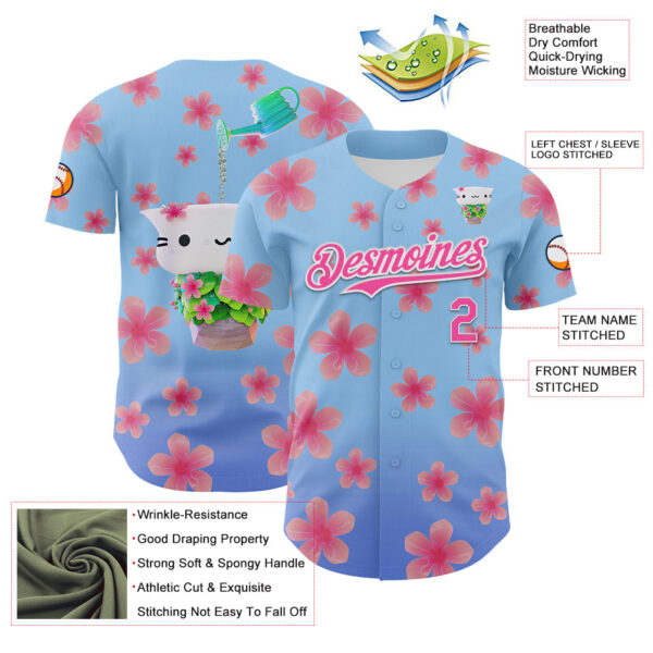 Custom Light Blue Pink-White 3D Cindy Suen Flowers Bloom Authentic Baseball Jersey