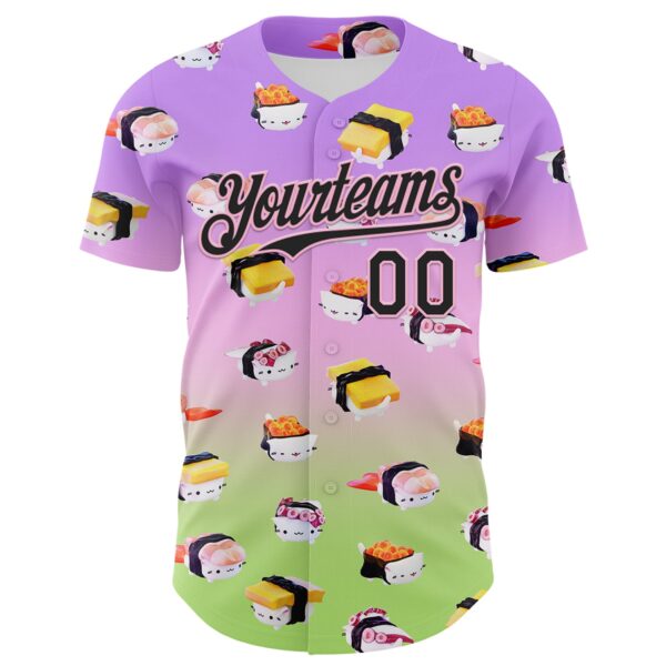 Custom Purple Black Light Pink-Neon Green Fade 3D Cindy Suen Sushi Cats Authentic Baseball Jersey