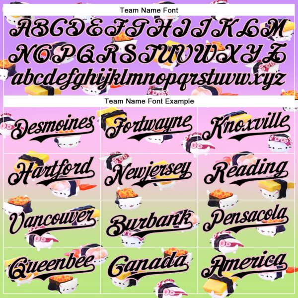 Custom Purple Black Light Pink-Neon Green Fade 3D Cindy Suen Sushi Cats Authentic Baseball Jersey