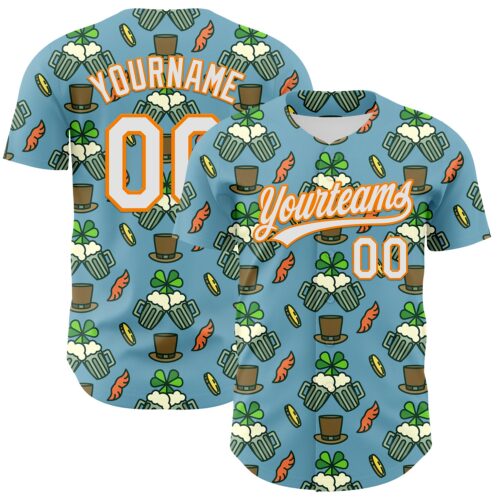 3DPattern6448 Custom Shadow Blue White-Bay Orange 3D St. Patrick's Day Shamrock Beer Authentic Baseball Jersey