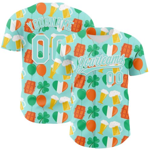 3DPattern6449 Custom Ice Blue White-Green 3D St. Patrick's Day Shamrock Beer Authentic Baseball Jersey