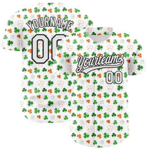 3DPattern6451 Custom White Black Green-Bay Orange 3D St. Patrick's Day Shamrock Authentic Baseball Jersey