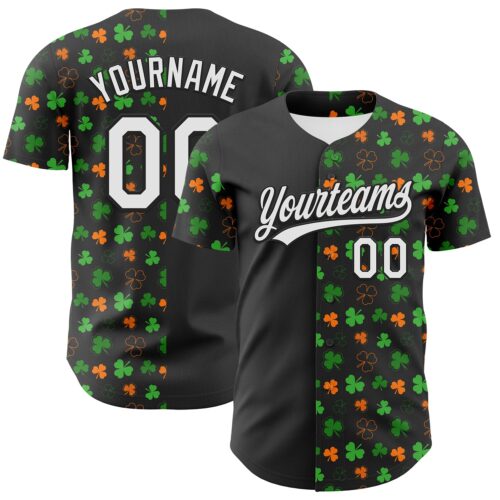 3DPattern6452 Custom Black Green-Bay Orange 3D St. Patrick's Day Shamrock Authentic Baseball Jersey