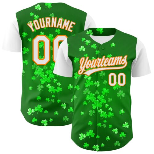 3DPattern6453 Custom Green White-Bay Orange 3D St. Patrick's Day Shamrock Authentic Baseball Jersey