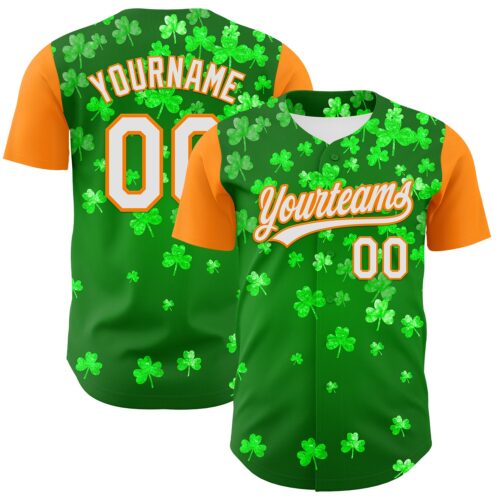 3DPattern6454 Custom Green White-Bay Orange 3D St. Patrick's Day Shamrock Authentic Baseball Jersey