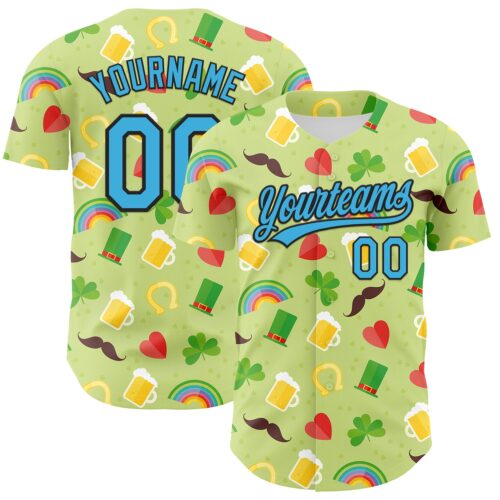 3DPattern6643 Custom Green Sky Blue-Black 3D St. Patrick's Day Shamrock Beer Authentic Baseball Jersey