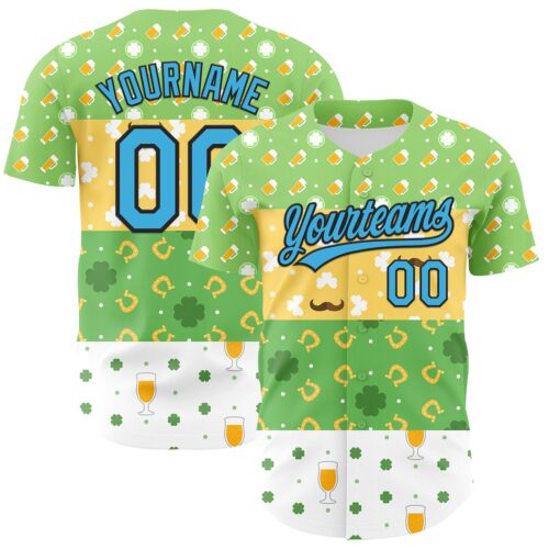 3DPattern6644 Custom Green Sky Blue Light Yellow-Black 3D St. Patrick's Day Shamrock Beer Authentic Baseball Jersey