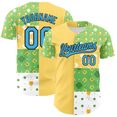 3DPattern6645 Custom Green Sky Blue Light Yellow-Black 3D St. Patrick's Day Shamrock Beer Authentic Baseball Jersey
