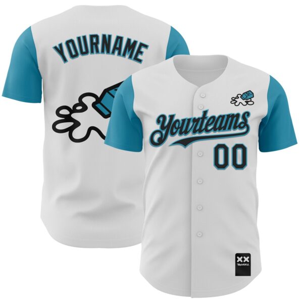 Custom White Black-Panther Blue 3D Revzzz Never Cry Over Authentic Baseball Jersey