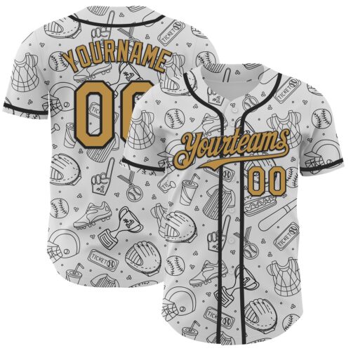 3DPattern6718 Custom White Old Gold-Black Comic Doodle Ballgame 3D Pattern Design Authentic Baseball Jersey