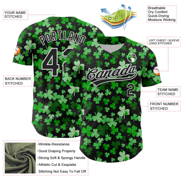 Custom Black White 3D St. Patrick's Day Shamrock Authentic Baseball Jersey