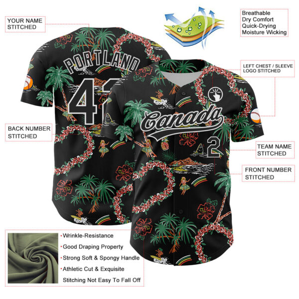Custom Black White 3D Hawaii Island Tropical Palm Tree And Flower Authentic Baseball Jersey