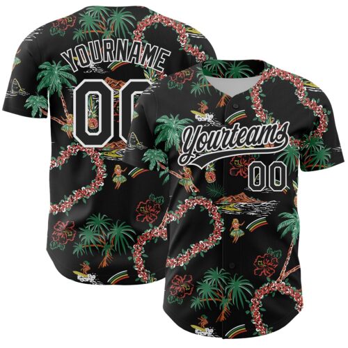 Custom Black White 3D Hawaii Island Tropical Palm Tree And Flower Authentic Baseball Jersey