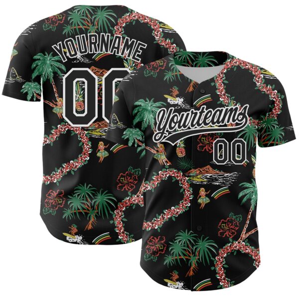 Custom Black White 3D Hawaii Island Tropical Palm Tree And Flower Authentic Baseball Jersey