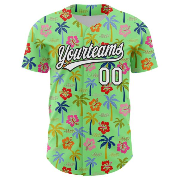 Custom Pea Green White-Black 3D Hawaii Tropical Palm Tree And Flower Authentic Baseball Jersey