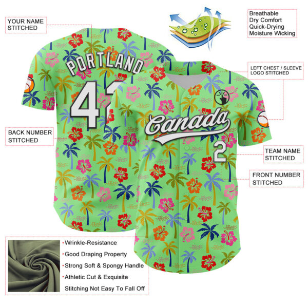 Custom Pea Green White-Black 3D Hawaii Tropical Palm Tree And Flower Authentic Baseball Jersey