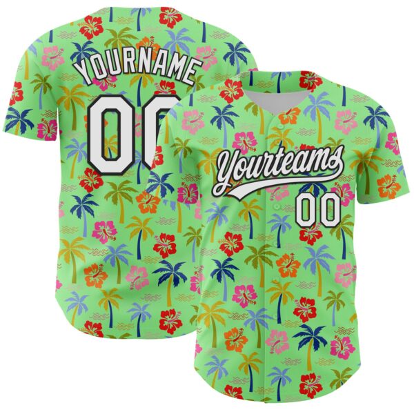 Custom Pea Green White-Black 3D Hawaii Tropical Palm Tree And Flower Authentic Baseball Jersey