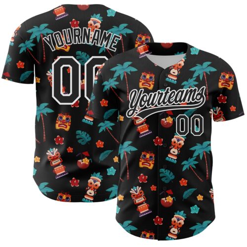 Custom Black White 3D Hawaii Tropical Palm Tree Flower And Tiki Mask Authentic Baseball Jersey