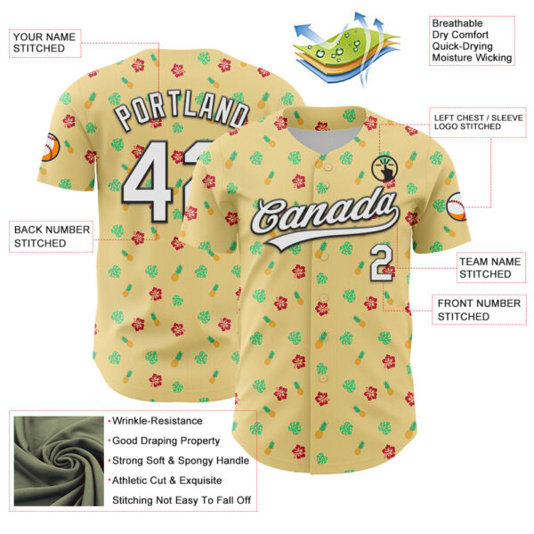 Custom Yellow White-Black 3D Hawaii Tropical Palm Leaves And Fruit Pineapple Authentic Baseball Jersey