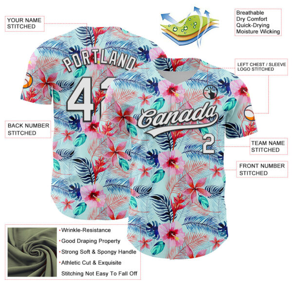 Custom Ice Blue White-Black 3D Hawaii Tropical Palm Leaves And Flower Authentic Baseball Jersey