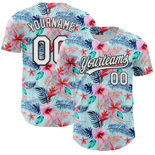3DPattern6761 Custom Ice Blue White-Black 3D Hawaii Tropical Palm Leaves And Flower Authentic Baseball Jersey