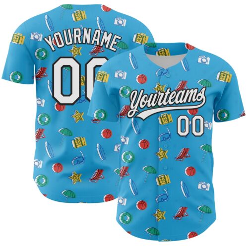 3DPattern6763 Custom Sky Blue White-Black 3D Hawaii Beach Holiday Authentic Baseball Jersey